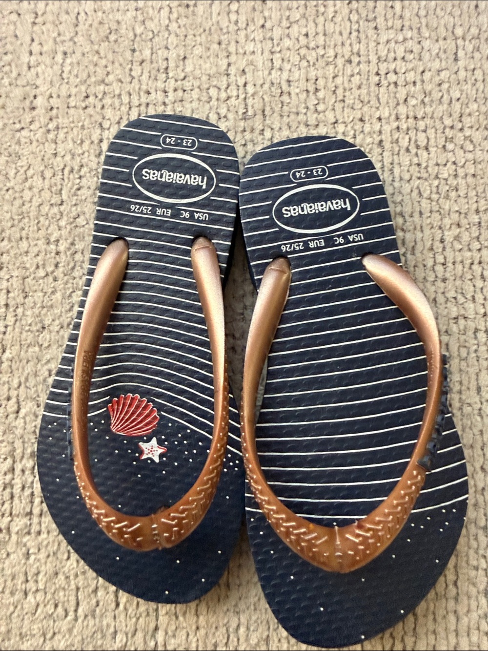 Havaianas Kids Navy Flip Flops with Bronze Straps and Shell Accent